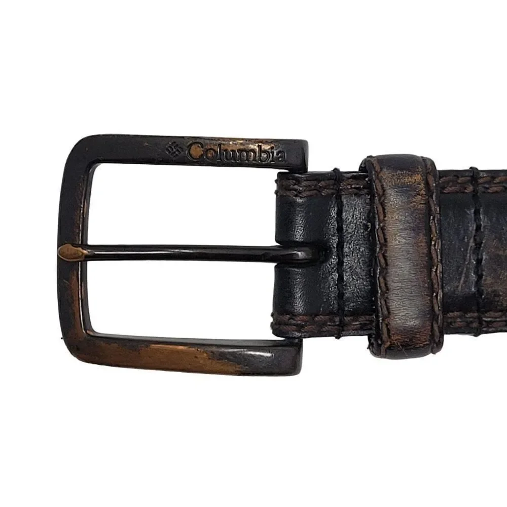 Columbia Black Genuine Leather Bronze Distressed Belt XL‎ Contrast Stitching